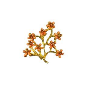 Vintage Gold Tone Floral Brooch with Coral & Citrine Gemstone Chips Twig Branch